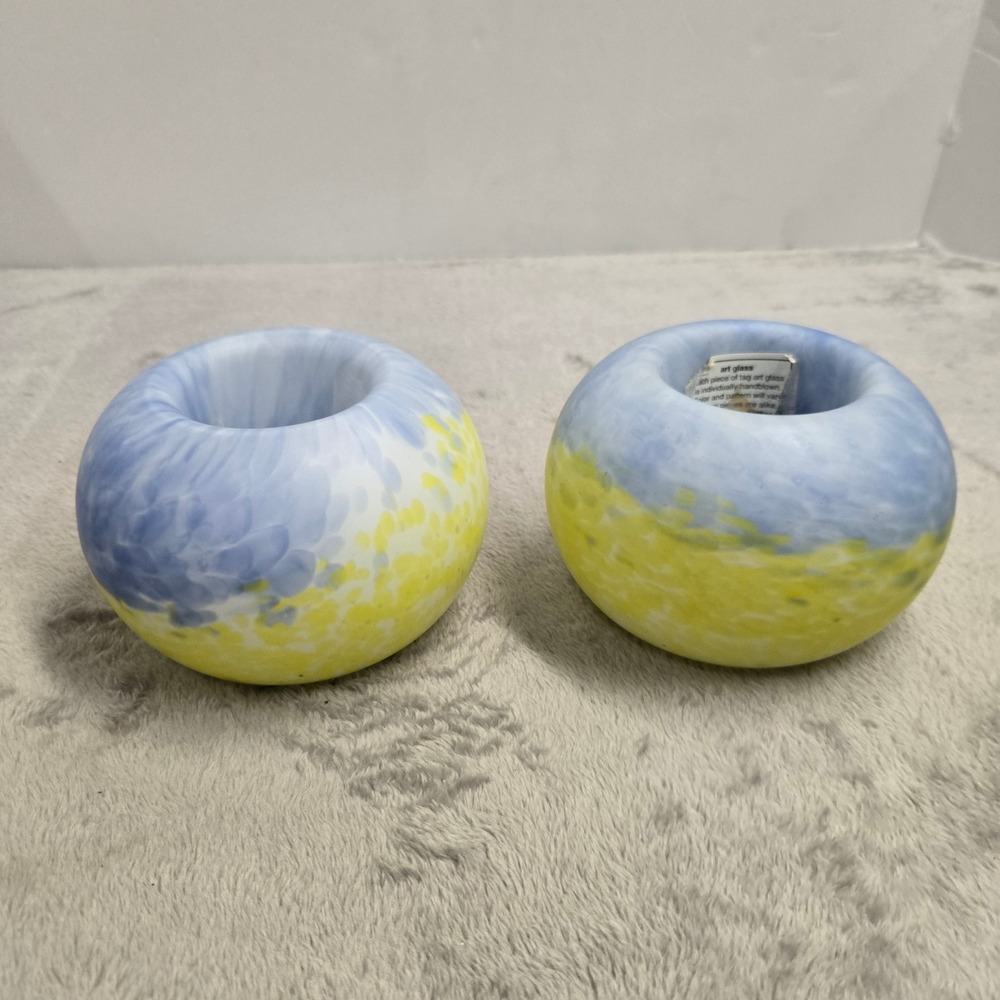 Tag Art Glass Handblown Votive Candle Holders Blue Yellow Speckled Set of 2